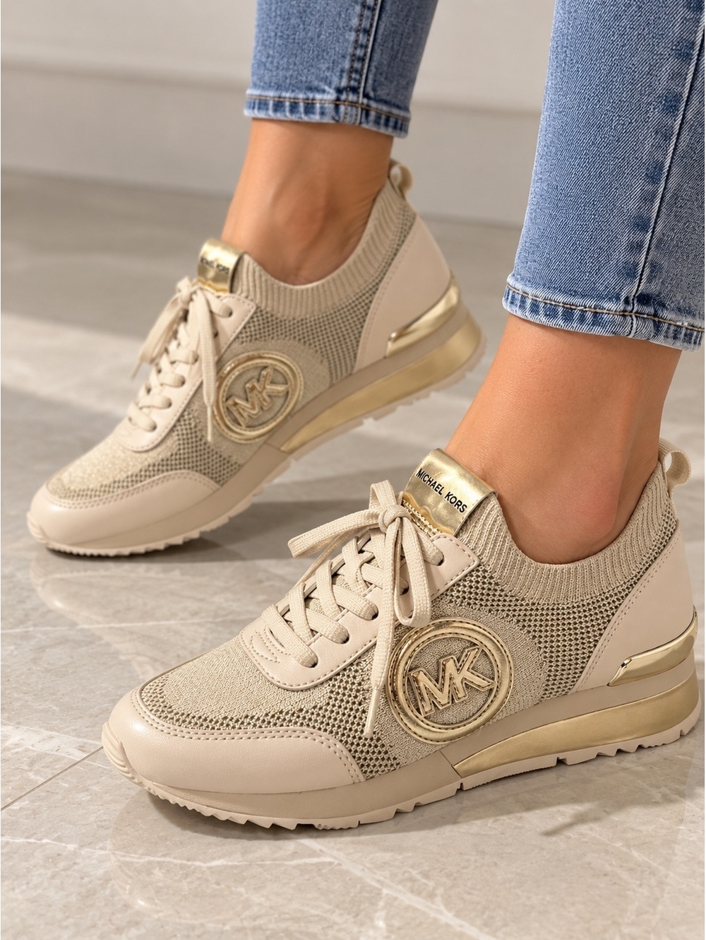 Michael Kors Wedge Sneakers Beige Gold Knit Shoes Size 5.5M NWOB